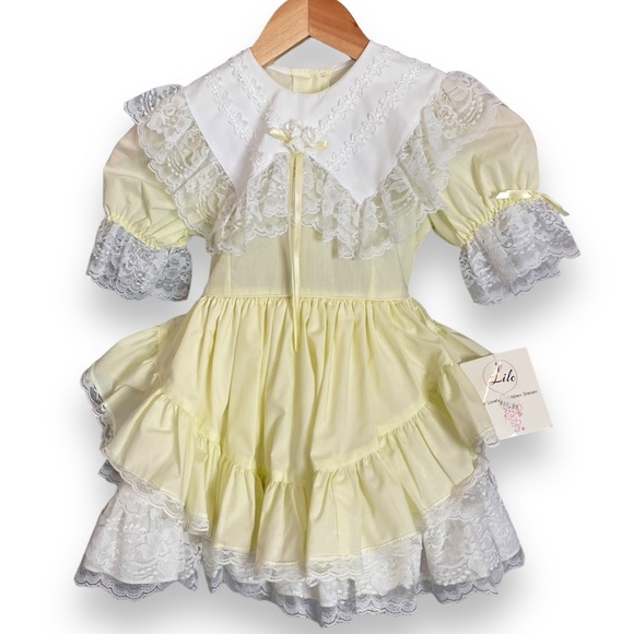 Vintage Lilo California Dress Girl Easter Deadstock NWT Yellow Ruffles Sz‎ 4 Bow - Picture 1 of 14